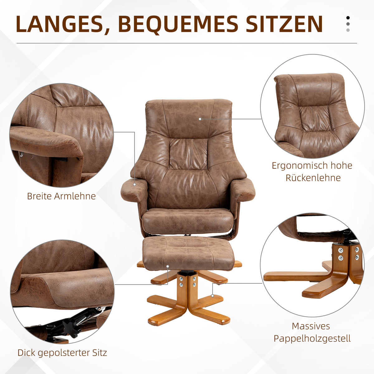 HOMCOM Relaxsessel mit Hocker, 360° drehbar, 135° neigbar, atmungsaktiver Bezug, 78 x 82,5 x 109 cm, braun