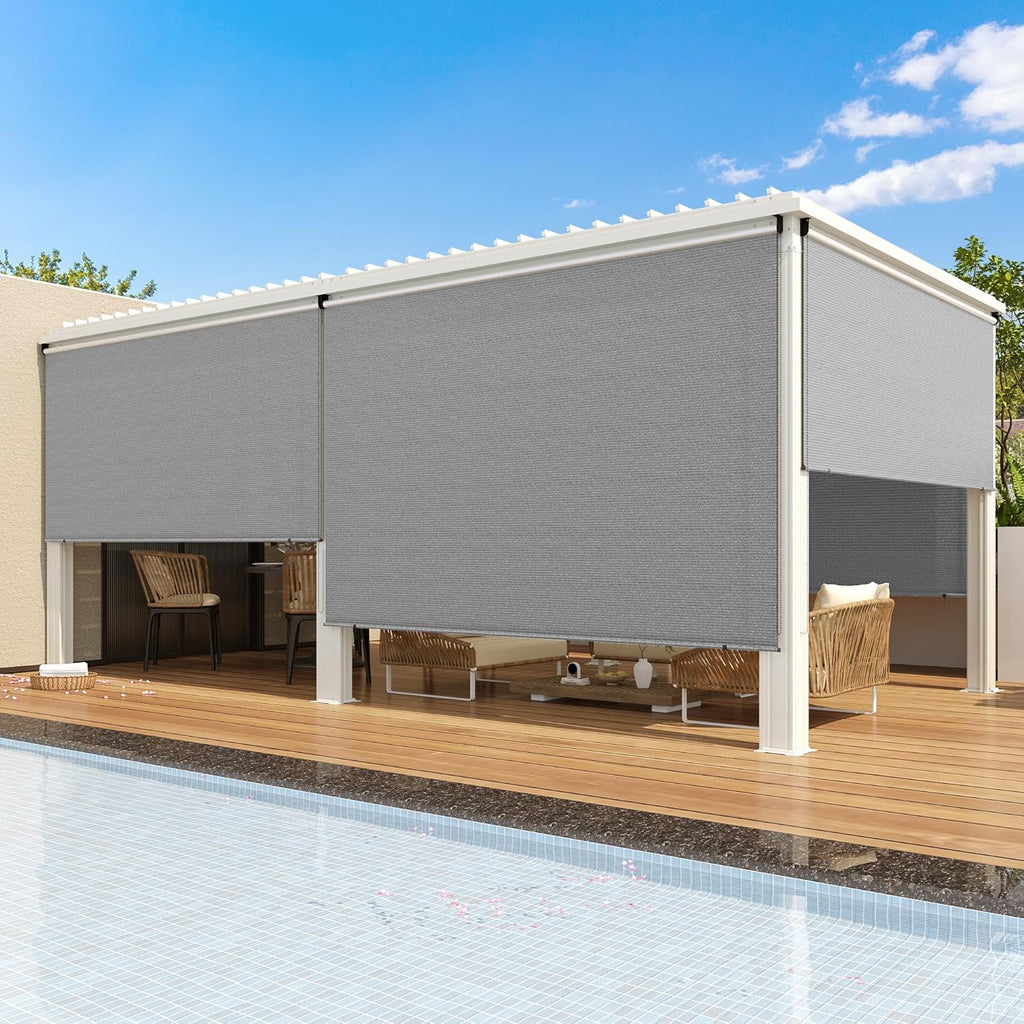 AECOJOY Outdoor Roller Shade, 10'(W) x8'(H) Sun Shade Cover Canopy, Mocha&Gray