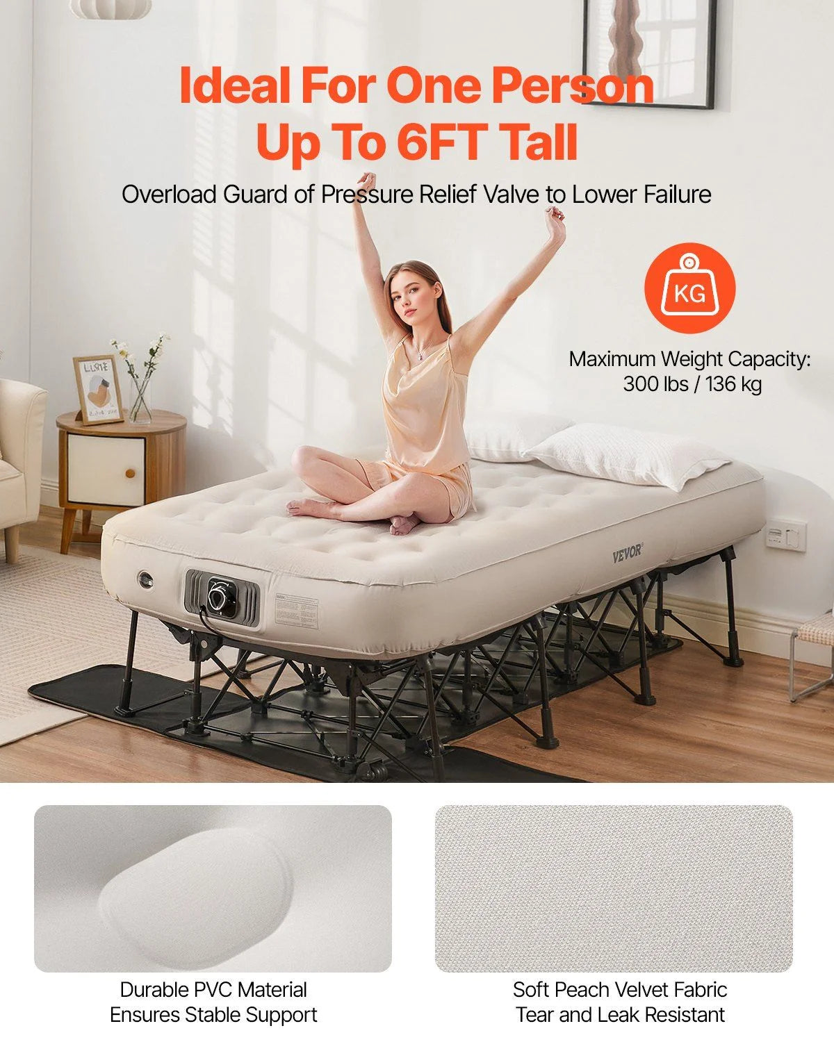 Air Mattress with Frame, Inflatable 1 Person Camping Cot with Built - in Pump, Portable Folding Air Beds Supports 300 lb, Blow up Anywhere Bed for Guests Camping Travel Indoor & Outdoor Use