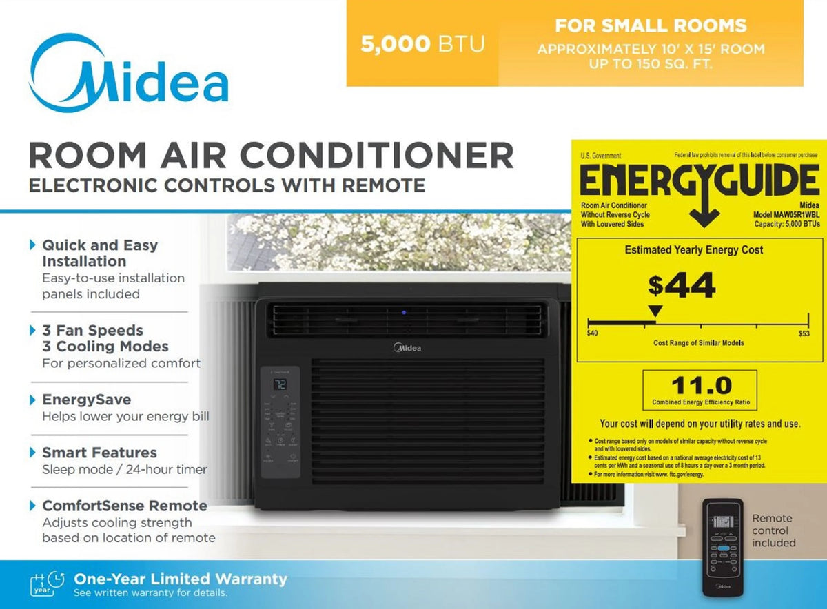 Midea 5, 000 BTU Window Air Conditioner, 150 Sq. Ft., White, New