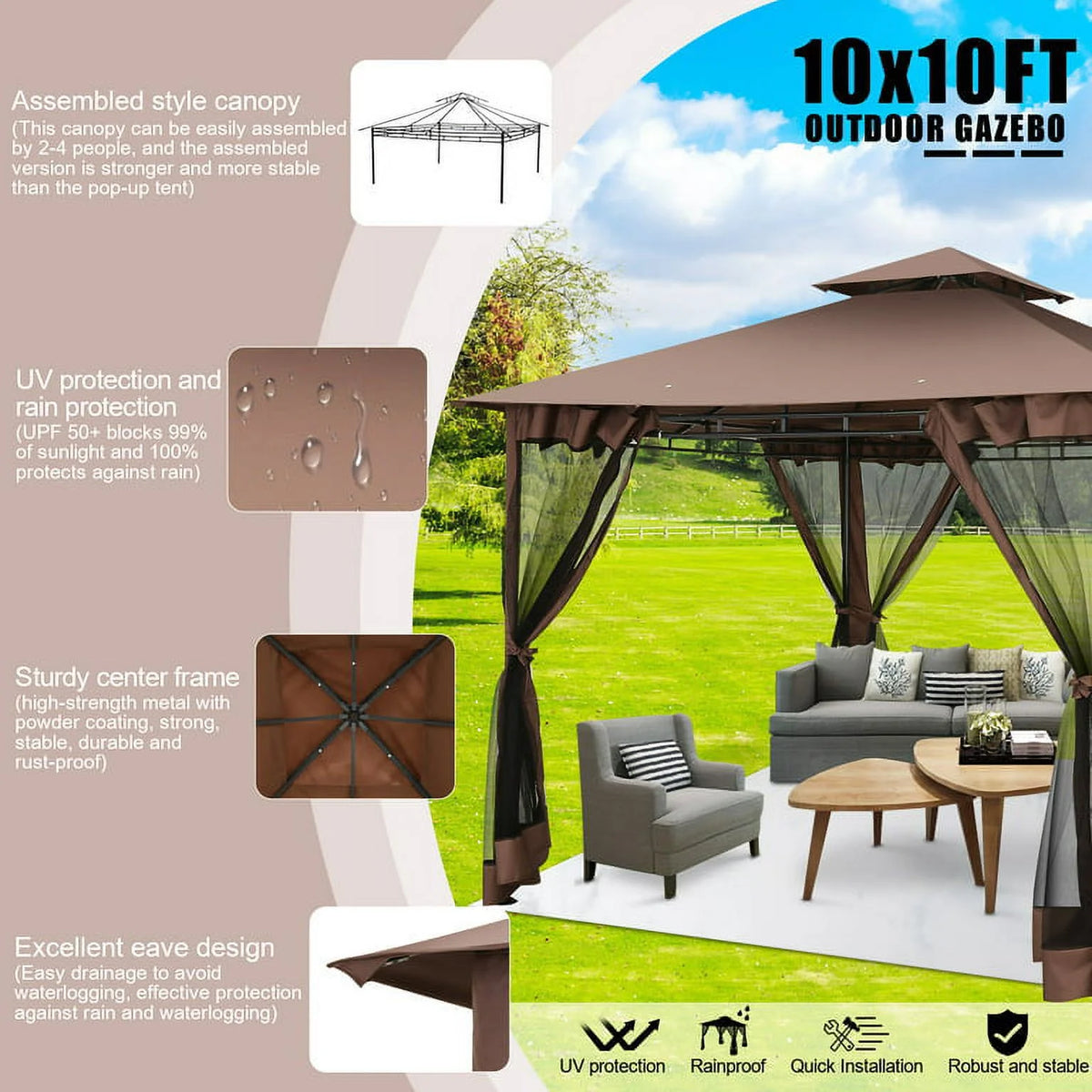 SANOPY 10' x 10' Gazebos for Patios, Gazebo Canopy with 4 Mosquito Netting, Rainproof & Sunscreen Shelter Tent with Double Eaves for Garden Backyard and Deck