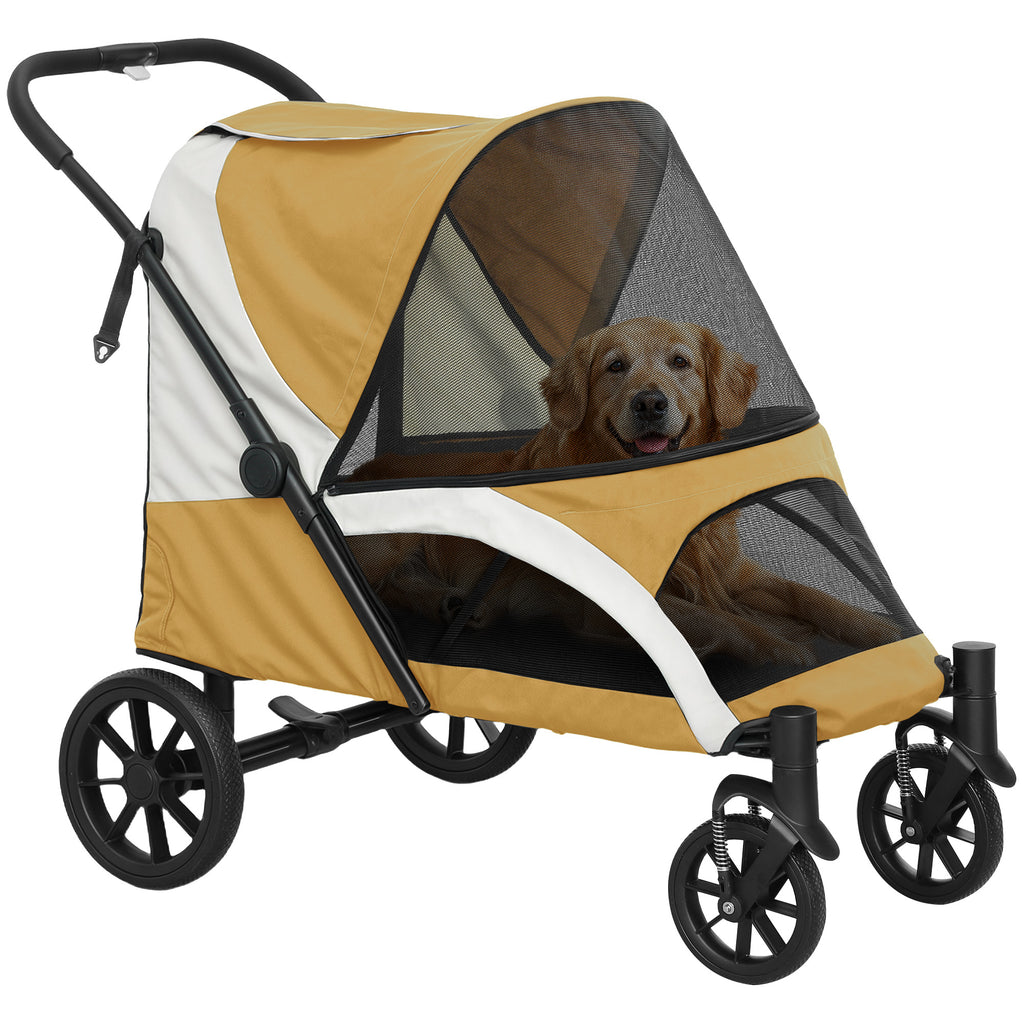 PawHut Hundewagen, Faltbarer Hundebuggy für große Hunde, Haustierwagen mit 4 Rädern, Sicherheitsleinen, Bremsen, Braun