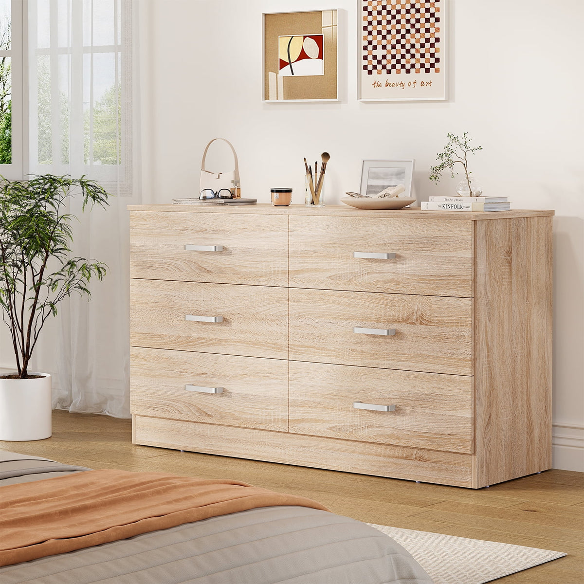 Winkalon 6 Drawer Oak Double Dresser, Wood Storage Cabinet with Easy Pull Out Handles for Living Room, Chest of Drawers for Bedroom