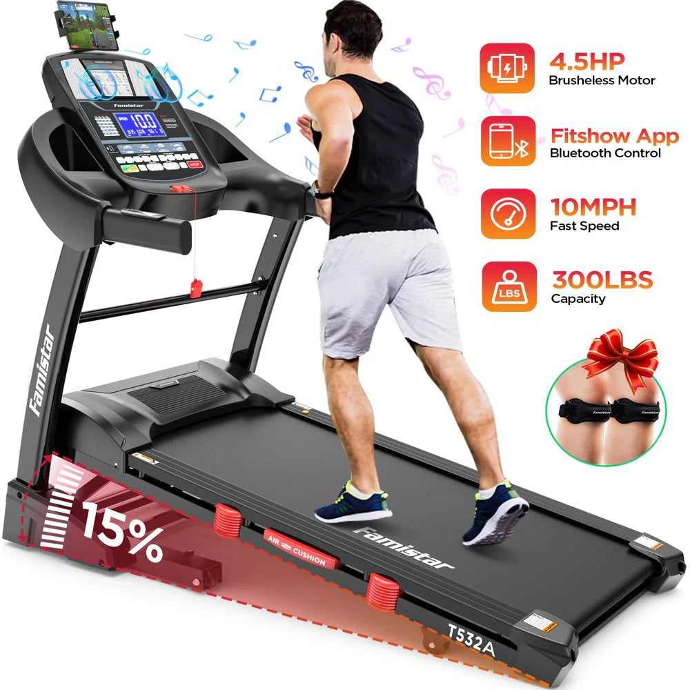 4.5HP Foldable Treadmill, 15 Auto Incline Levels, 10MPH Speed, 300LB Capacity, Home Exercise Machine