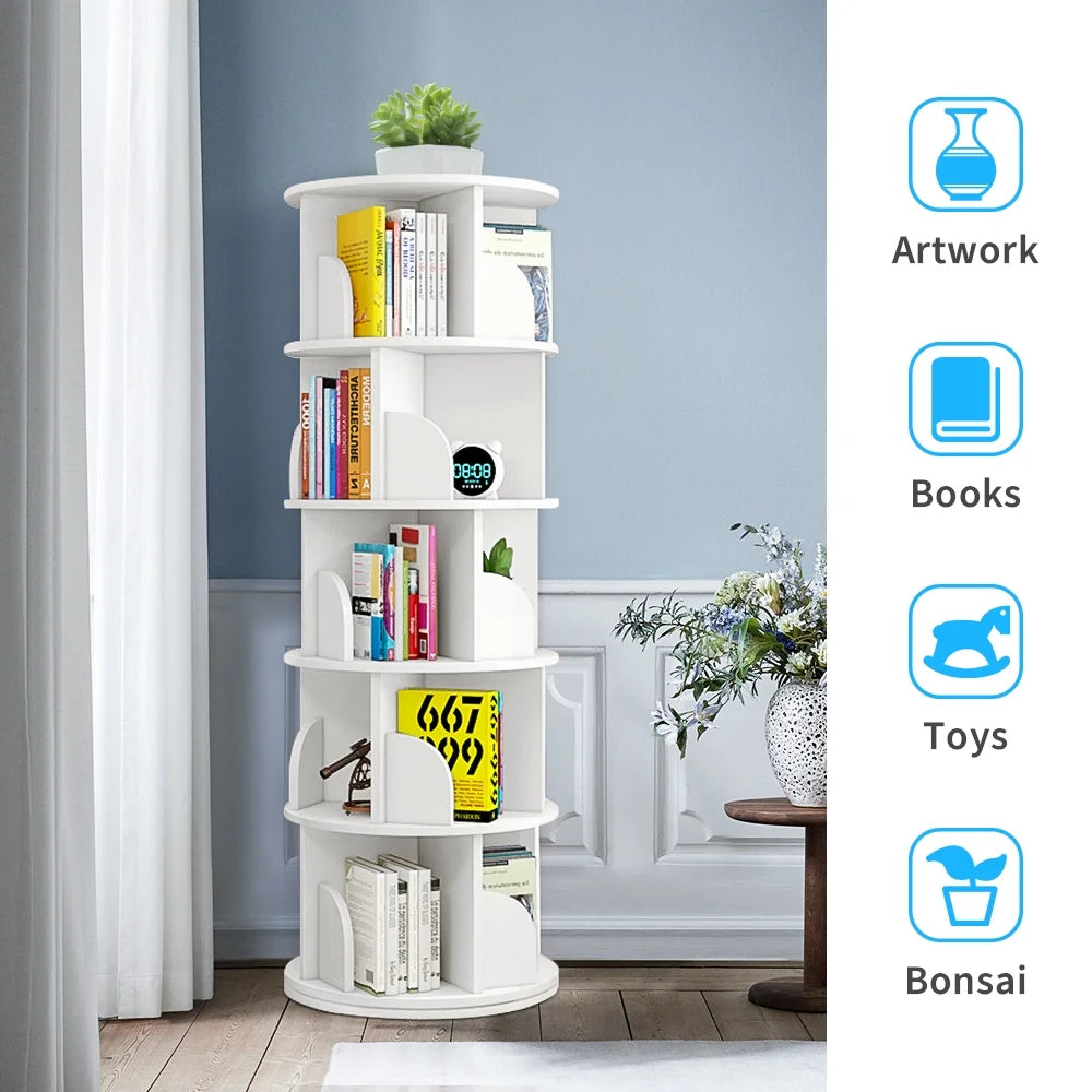 Bimiti 5 Tier Rotating Bookshelf, 360? Revolving Bookcase 20 Shelves Floor - Standing Storage Display Rack - White 63"x18"x18", Adult