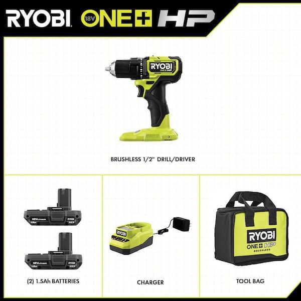 ONE+ HP 18V Brushless Cordless Compact 1/2 In. Drill/Driver Kit with (2) 1.5 Ah Batteries, Charger and Bag