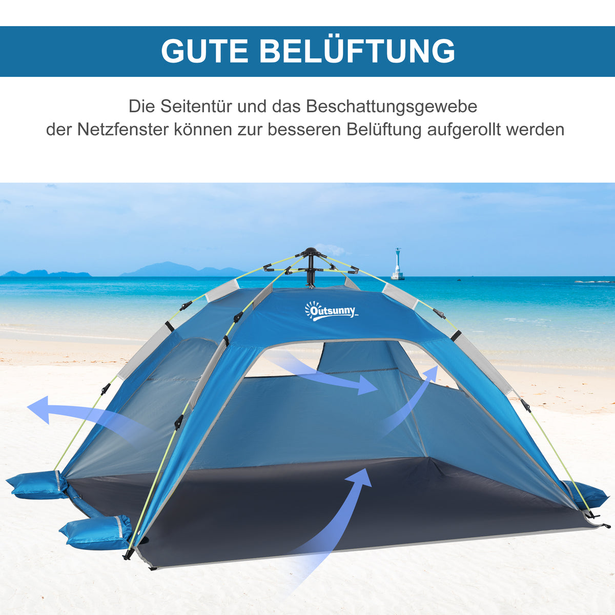 Outsunny Pop-up-Strandzelt, Fiberglasrahmen, 4 Taschen, Netzfenster, flexibel, Blau