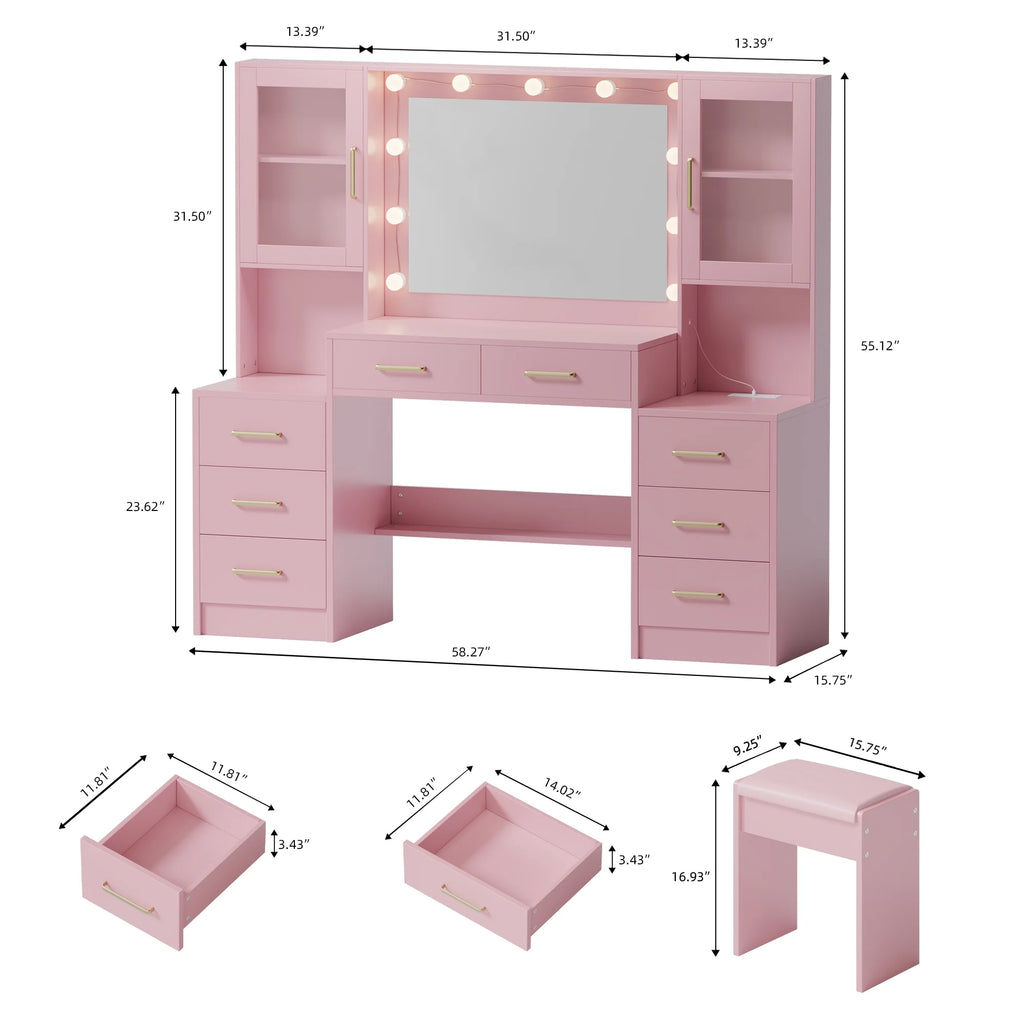 UGTOO 58.3" White Vanity Desk with Mirror, Adjustable Lighting, Power Outlet, Drawers, with Stool