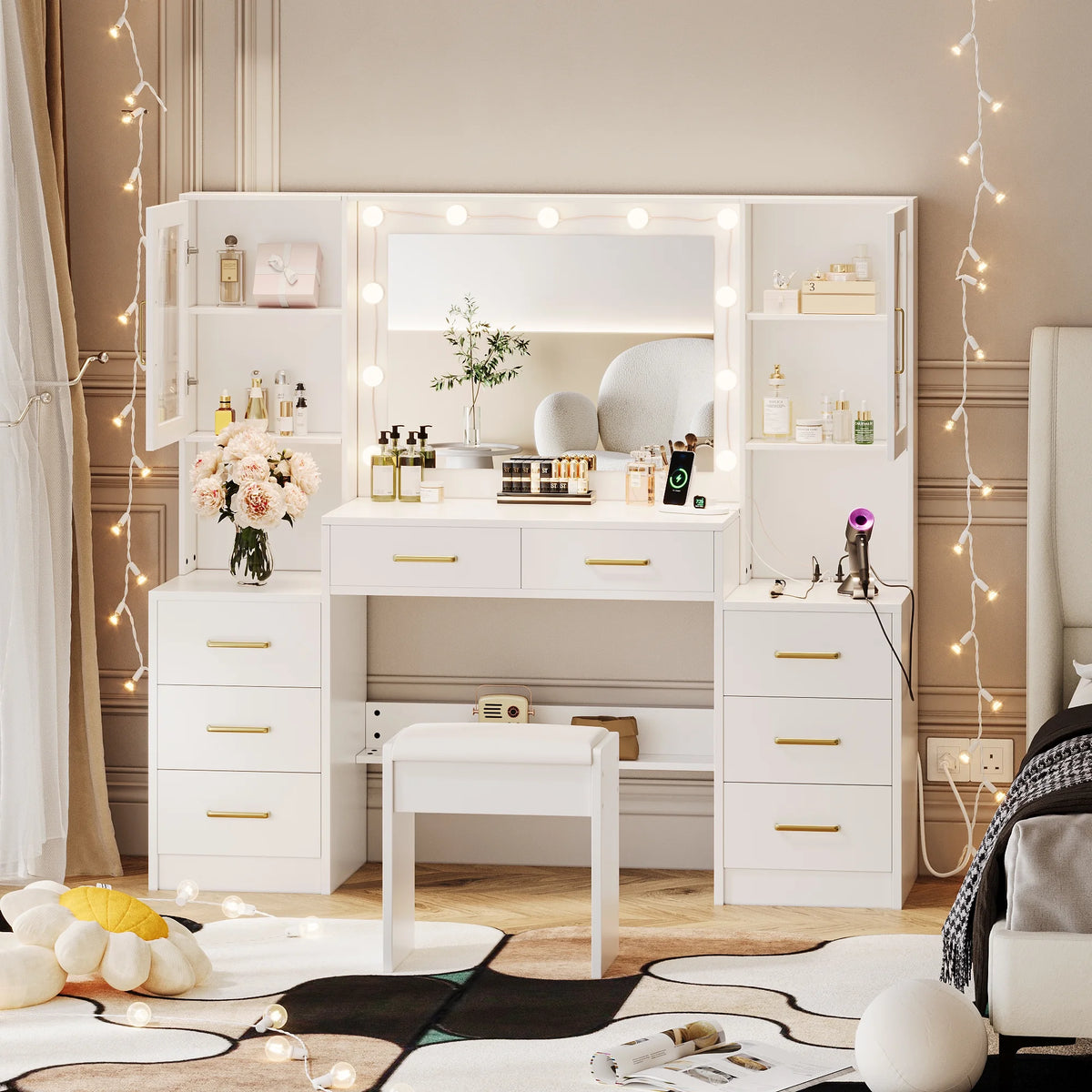 UGTOO 58.3" White Vanity Desk with Mirror, Adjustable Lighting, Power Outlet, Drawers, with Stool