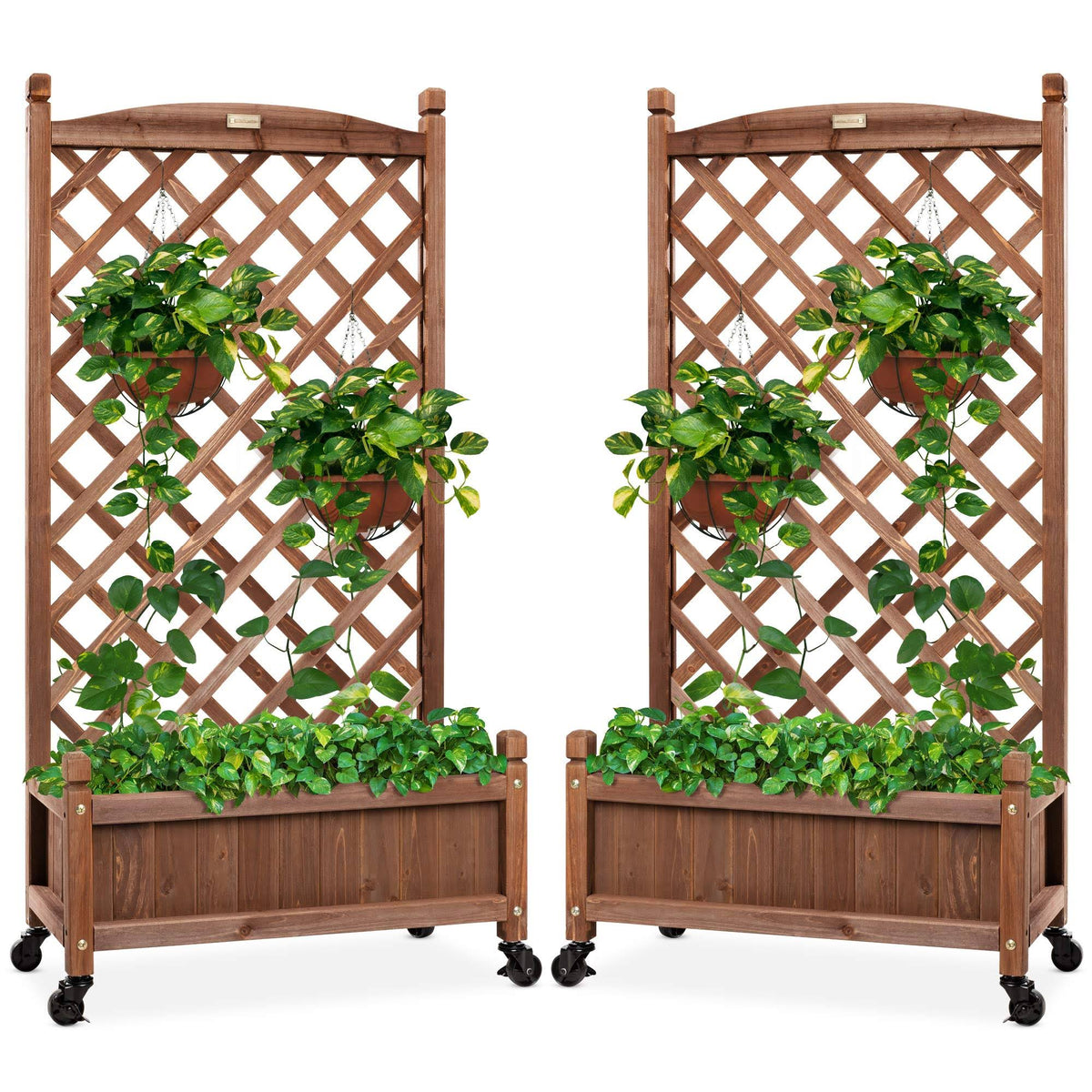 Best Choice Products Set of 2 48in Wood Planter Box & Diamond Lattice Trellis, w/ Drainage, Optional Wheels - Walnut