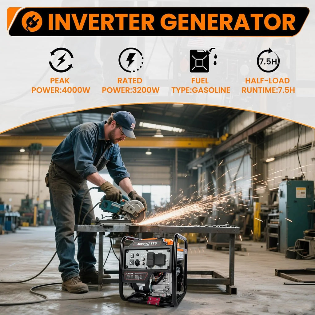 Efurden 4000W Inverter Generator Gas Powered, Portable Gas Generator for Home and Outdoor Use, Leightweight and ECO Mode