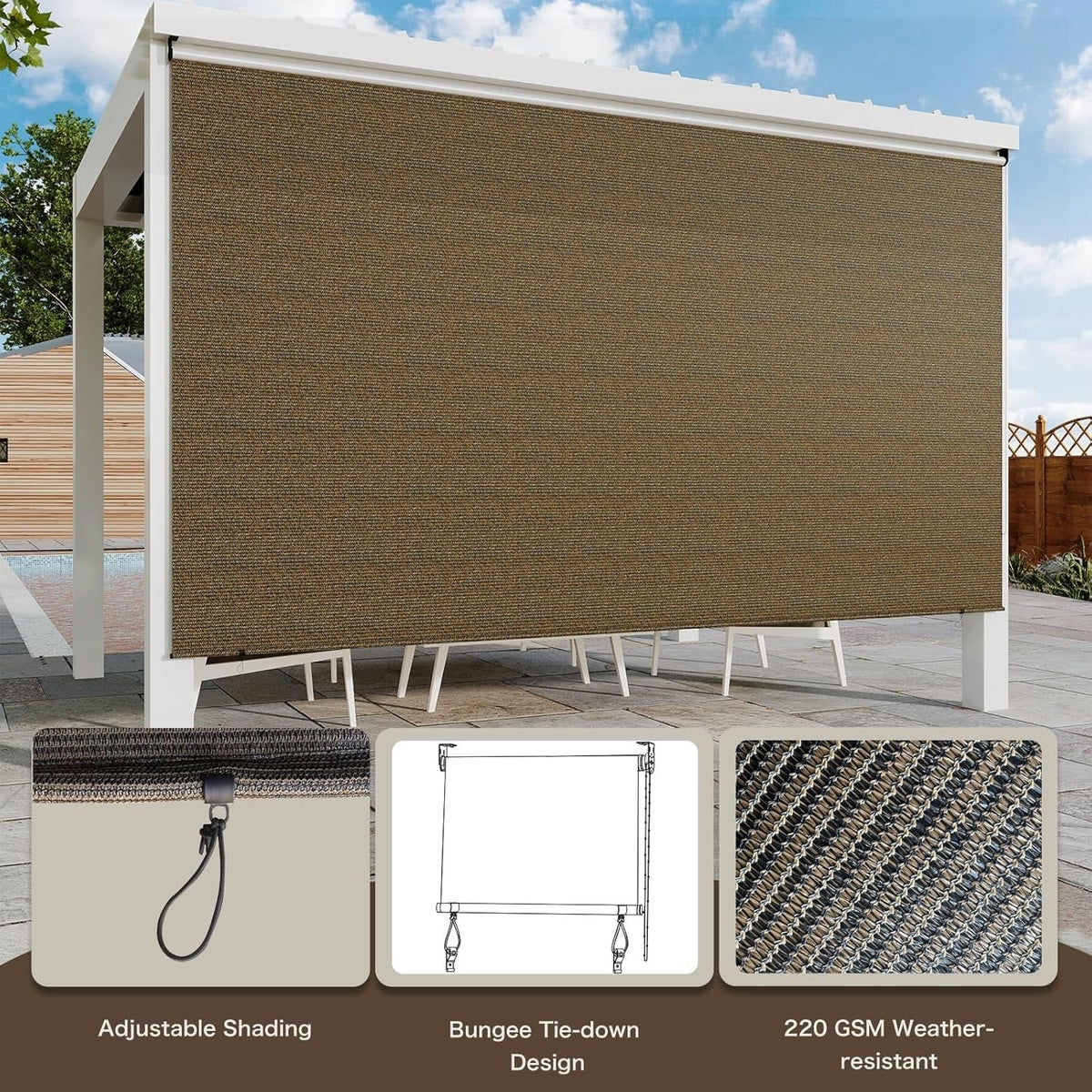 AECOJOY Outdoor Roller Shade, 10'(W) x8'(H) Sun Shade Cover Canopy, Mocha&Gray