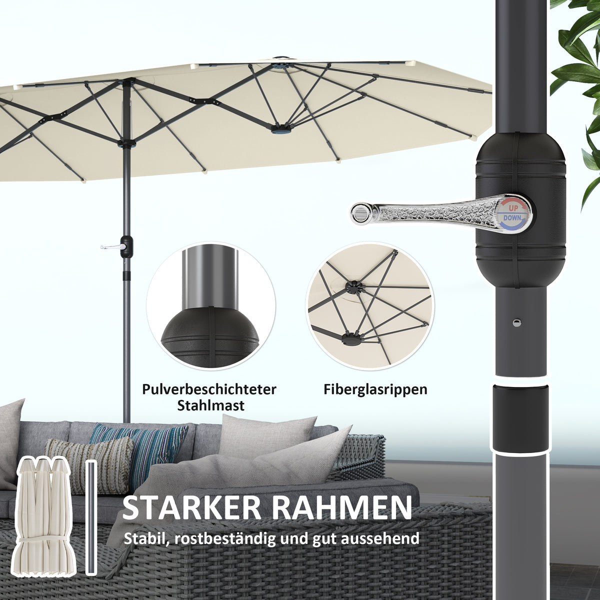 Outsunny Doppelsonnenschirm 436 x 260 cm, UV Schutz Stahl Sonnenschirm mit Handkurbel, oval Beige