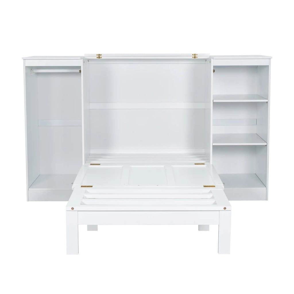 Euroco Wood Twin Size Murphy Bed with Wardrobe and Shelves for Kids Teens Living Room