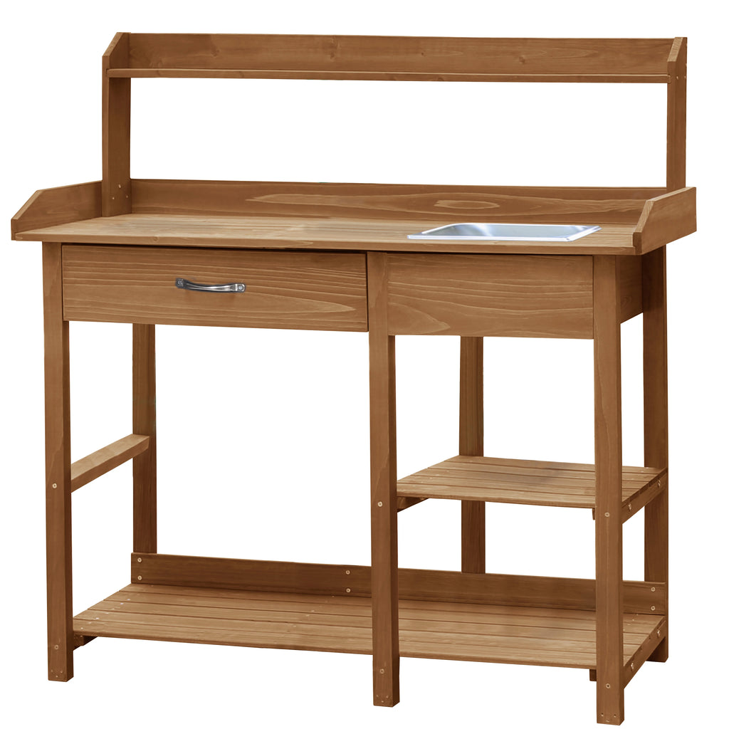 VEIKOUS Wood Potting Bench Garden Table W/ Removable Stainless Sink & Shelves, Natural