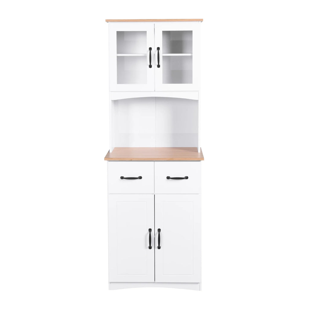 Clearance! Wooden Kitchen Cabinet White Pantry Room Storage Microwave Cabinet with Framed Glass Doors and Drawer