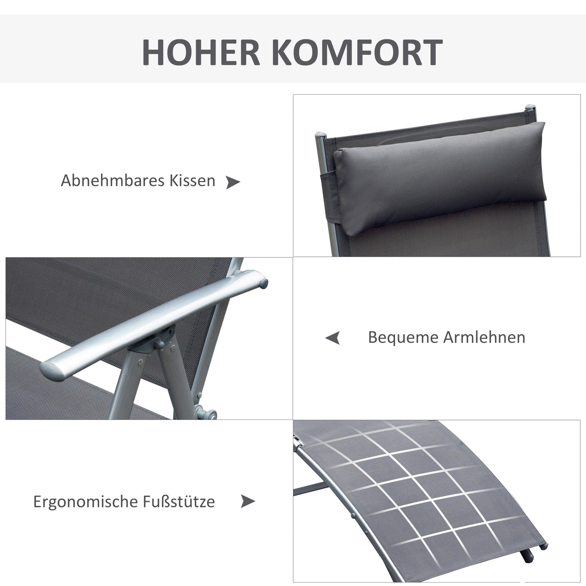 Outsunny Sonnenliege klappbar Strandliege mit Kissen Liegestuhl mit 7-Fach verstellbare Rückenlehne Gartenliege Relaxliege Gartenstuhl bis 165 kg belastbar, für Garten Urlaub Outdoor Strand Pool, Grau