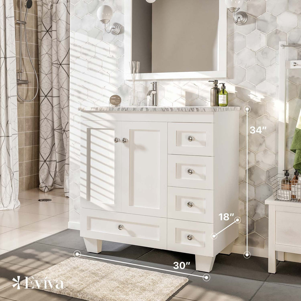 Eviva Happy 30" W x 18" D x 34" H White Bathroom Vanity with White Carrara Marble Counter - Top