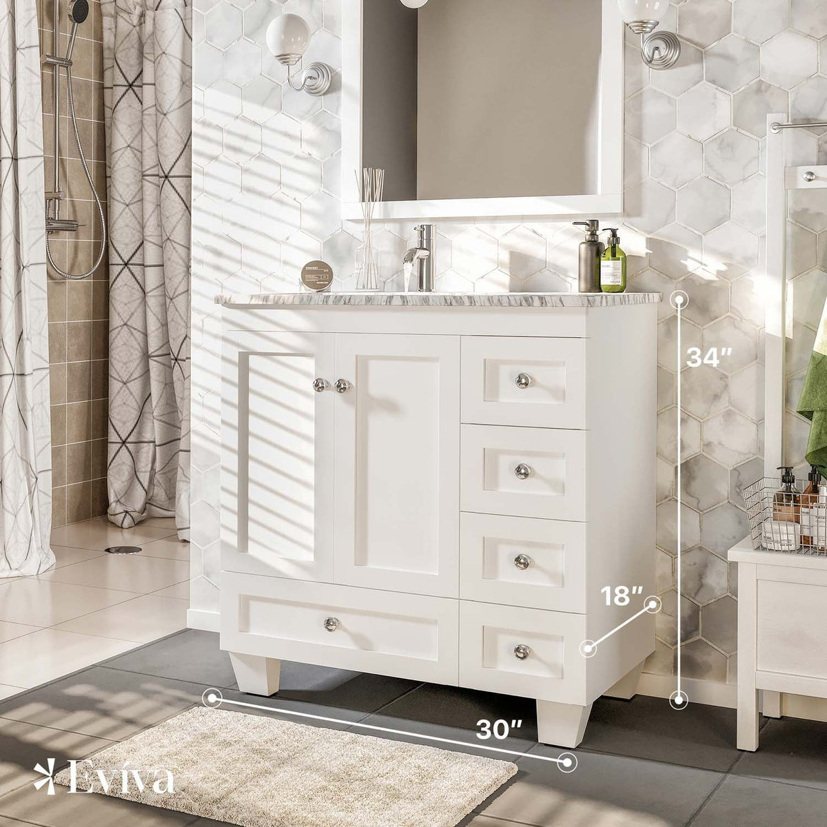 Eviva Happy 30" W x 18" D x 34" H White Bathroom Vanity with White Carrara Marble Counter - Top