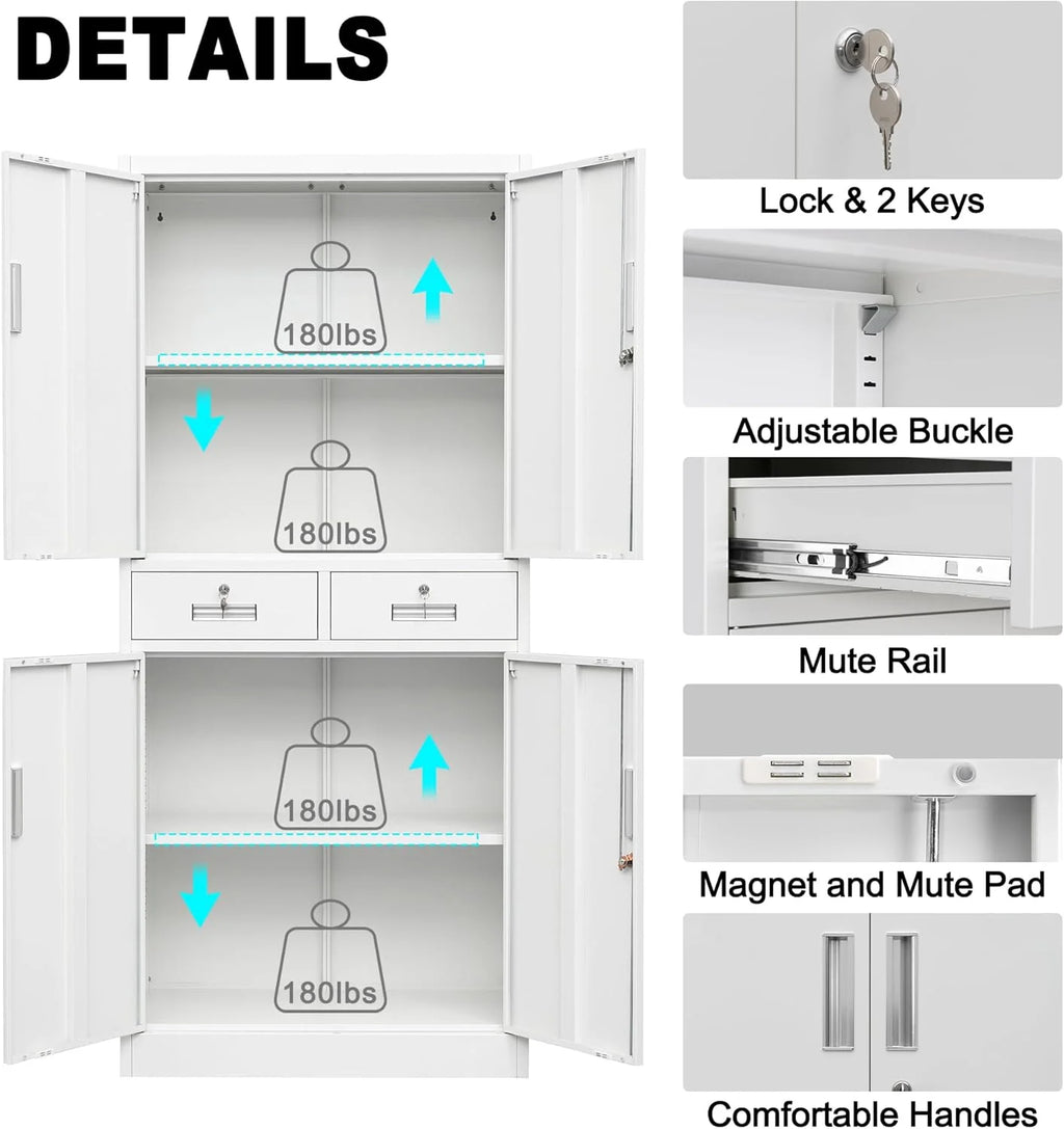 CMY Metal Storage Cabinet, 71" H x 32" W x 16" D Locking Cabinet with Adjustable Shelves and 2 Drawers, Steel Storage Cabinet for Office, Garage, Home, School, Utility Room - White
