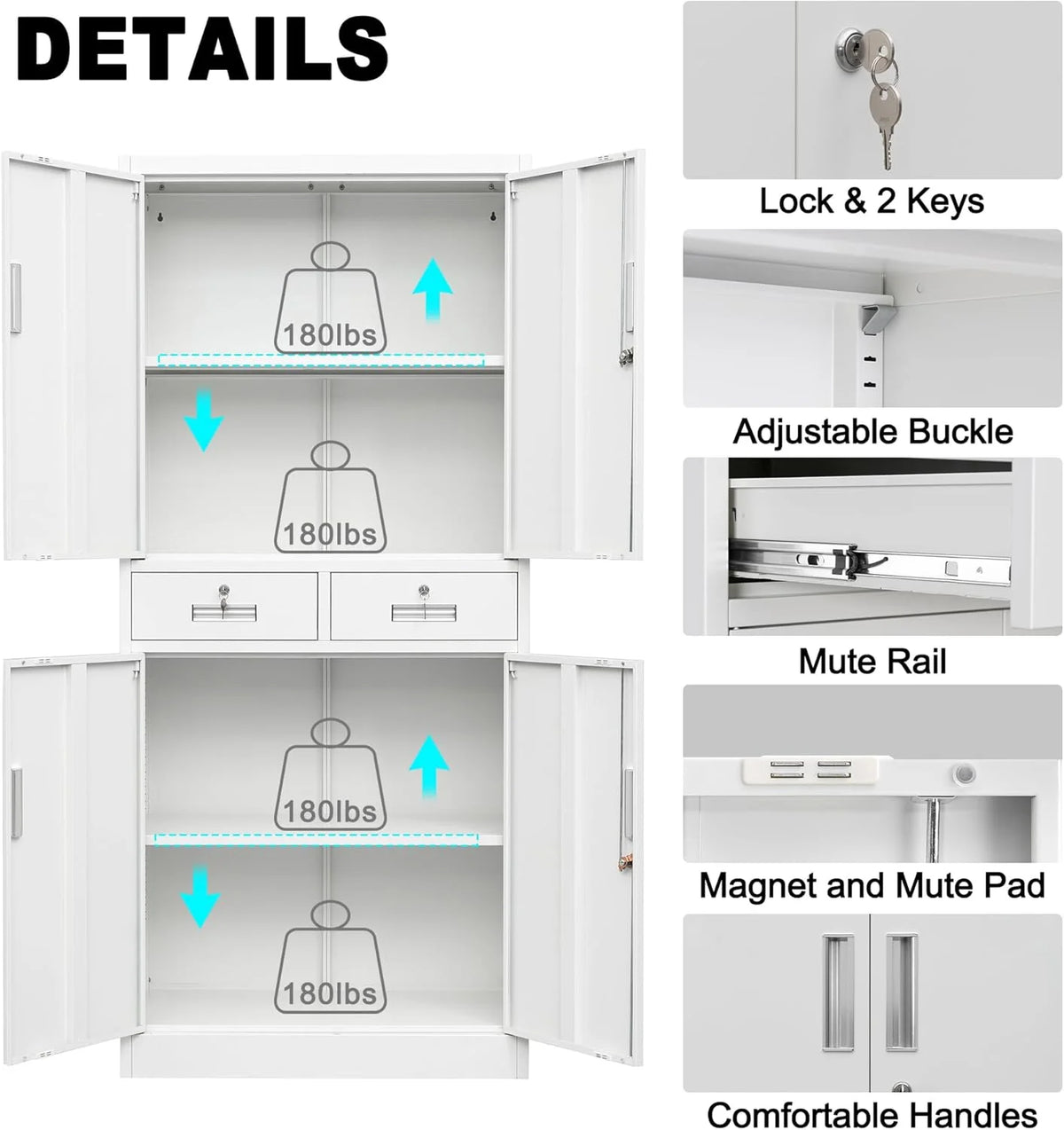 CMY Metal Storage Cabinet, 71" H x 32" W x 16" D Locking Cabinet with Adjustable Shelves and 2 Drawers, Steel Storage Cabinet for Office, Garage, Home, School, Utility Room - White