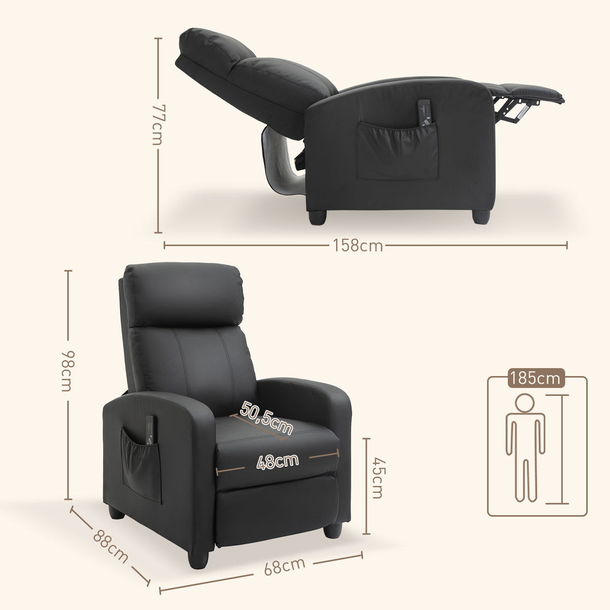 HOMCOM Massagesessel mit Liegefunktion, Relaxsessel mit Massagefunktion, Fernsehsessel mit Fernbedienung, Massagesofa mit Rückenlehne, elektrisch, Schwarz