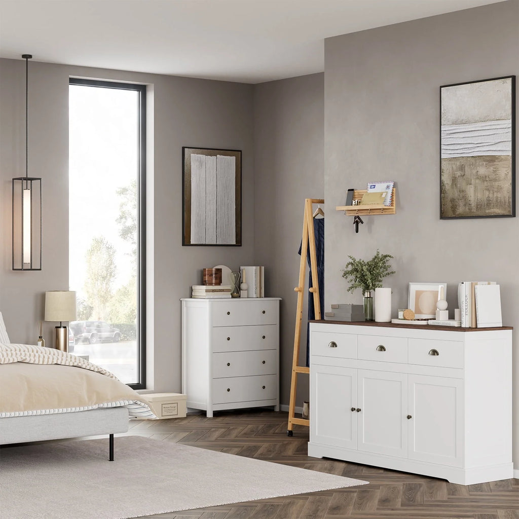 Homfa Sideboard Storage Cabinet with 3 Drawers & 3 Doors, 53.54'' Wide Buffet Cabinet for Dining Room, White