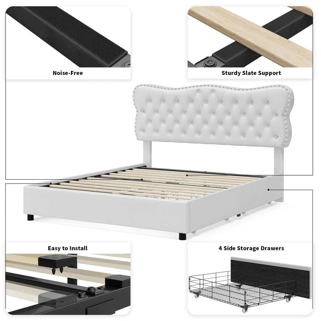 Homfa White Queen Bed Frame with Drawer, PU Leather Upholstered Storage Platform Bed Frame with Button Tufted Headboard, Noise Free
