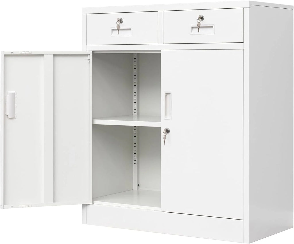 CMY Metal Storage Cabinet, 71" H x 32" W x 16" D Locking Cabinet with Adjustable Shelves and 2 Drawers, Steel Storage Cabinet for Office, Garage, Home, School, Utility Room - White