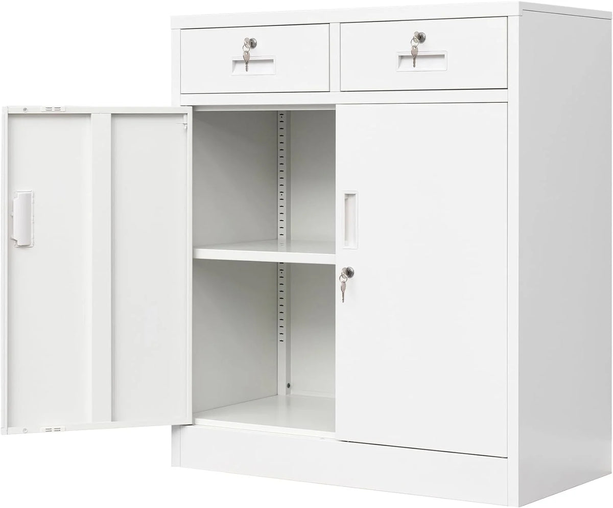 CMY Metal Storage Cabinet, 71" H x 32" W x 16" D Locking Cabinet with Adjustable Shelves and 2 Drawers, Steel Storage Cabinet for Office, Garage, Home, School, Utility Room - White