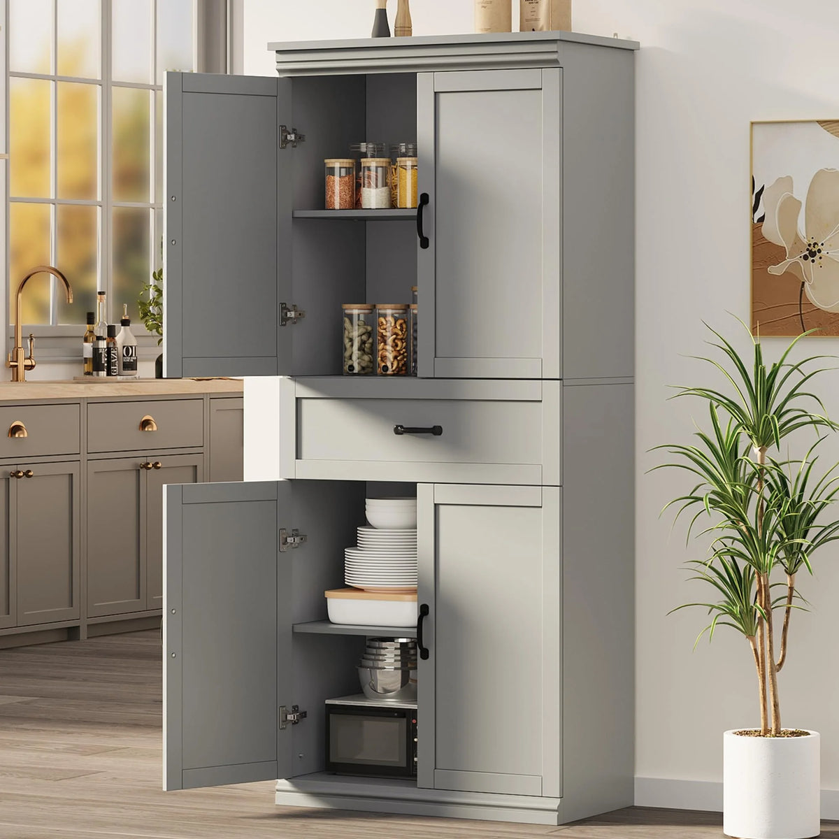 Dsstyles Pantry Cabinet, Freestanding Kitchen Pantry Storage Cabinet, 70" Cupboard, Tall Storage Cabinet with Doors and Adjustable Shelves, for Bathroom, Dining Room, Living Room, Antique White/Gray