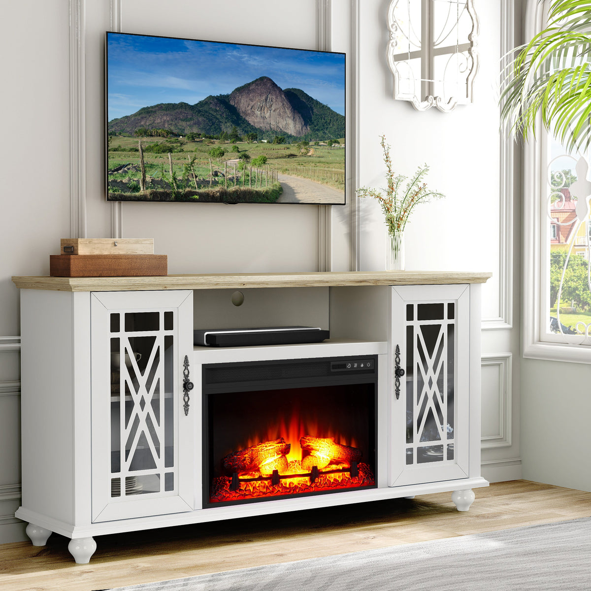 FESTIVO Elegant 61" TV Stand with Fireplace - Green