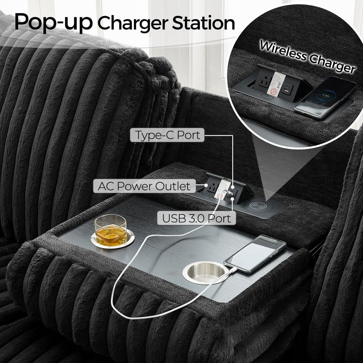 Power Reclining Sectional Sofa with Wireless Charger, 6 - Seater Faux Fur Sectional with Recliners, Hidden Cup Holders, Storage Console, USB & Type - C Ports, Black