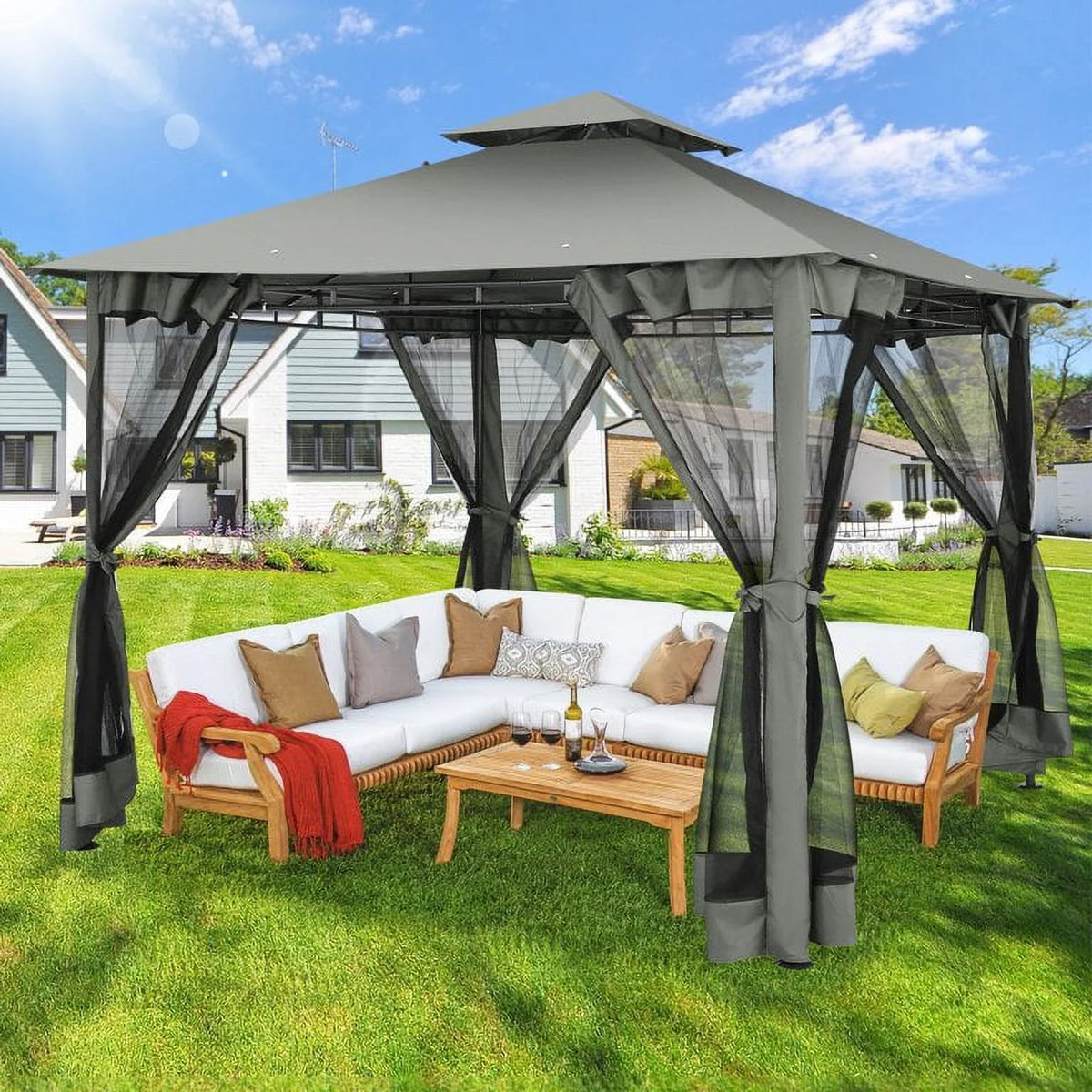 SANOPY 10' x 10' Gazebos for Patios, Gazebo Canopy with 4 Mosquito Netting, Rainproof & Sunscreen Shelter Tent with Double Eaves for Garden Backyard and Deck