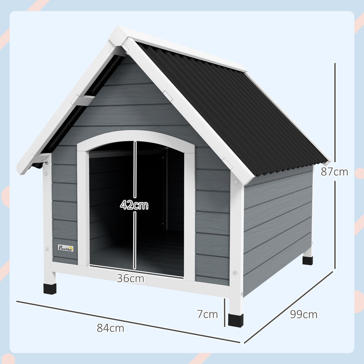 PawHut Hundehütte aus Holz für draußen mit herausnehmbarem Boden, erhöhter Holzunterschlupf für Hunde 84 x 99 x 87 cm Grau