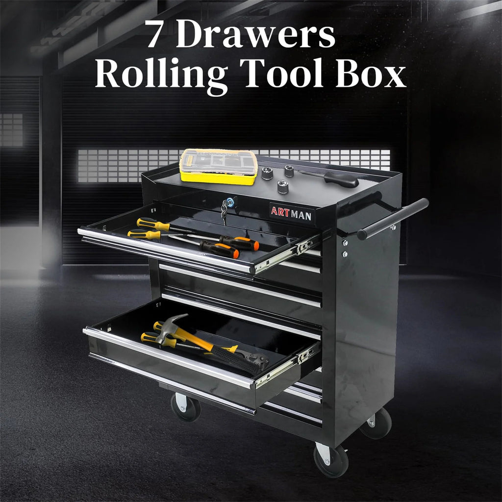 Aukfa Tool Chest, 24.5 in 7 - Drawer Steel Rolling Tool Box on Wheels for Workshop Garage, Red