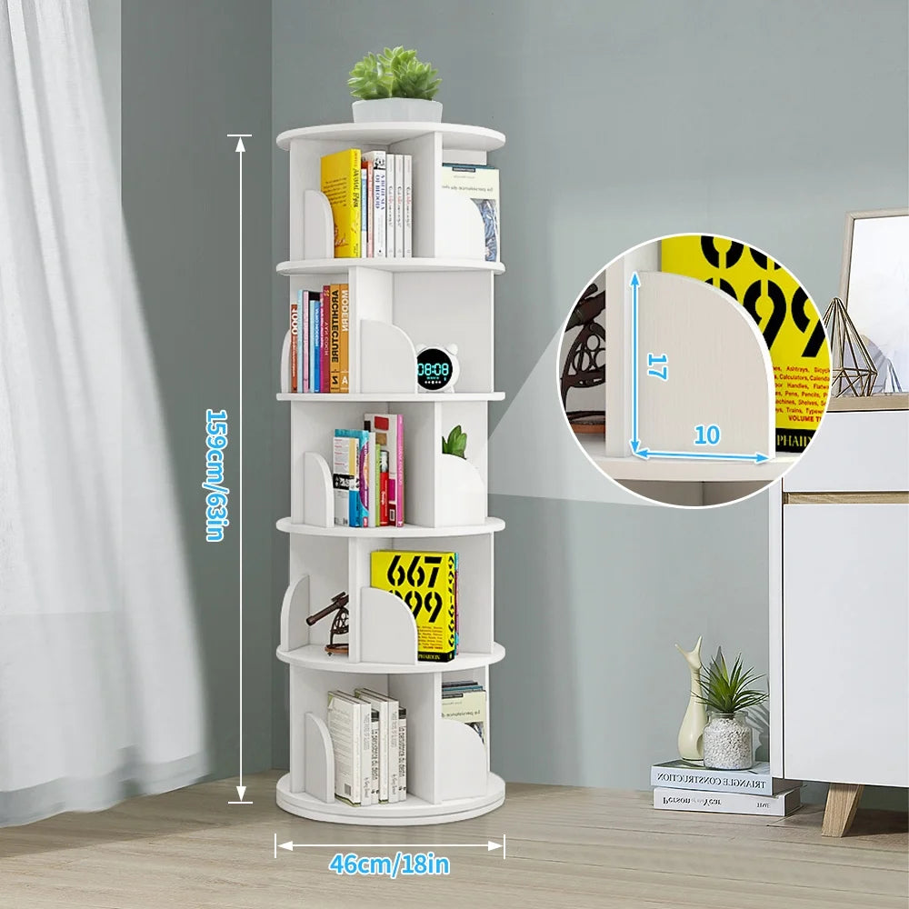 Bimiti 5 Tier Rotating Bookshelf, 360? Revolving Bookcase 20 Shelves Floor - Standing Storage Display Rack - White 63"x18"x18", Adult