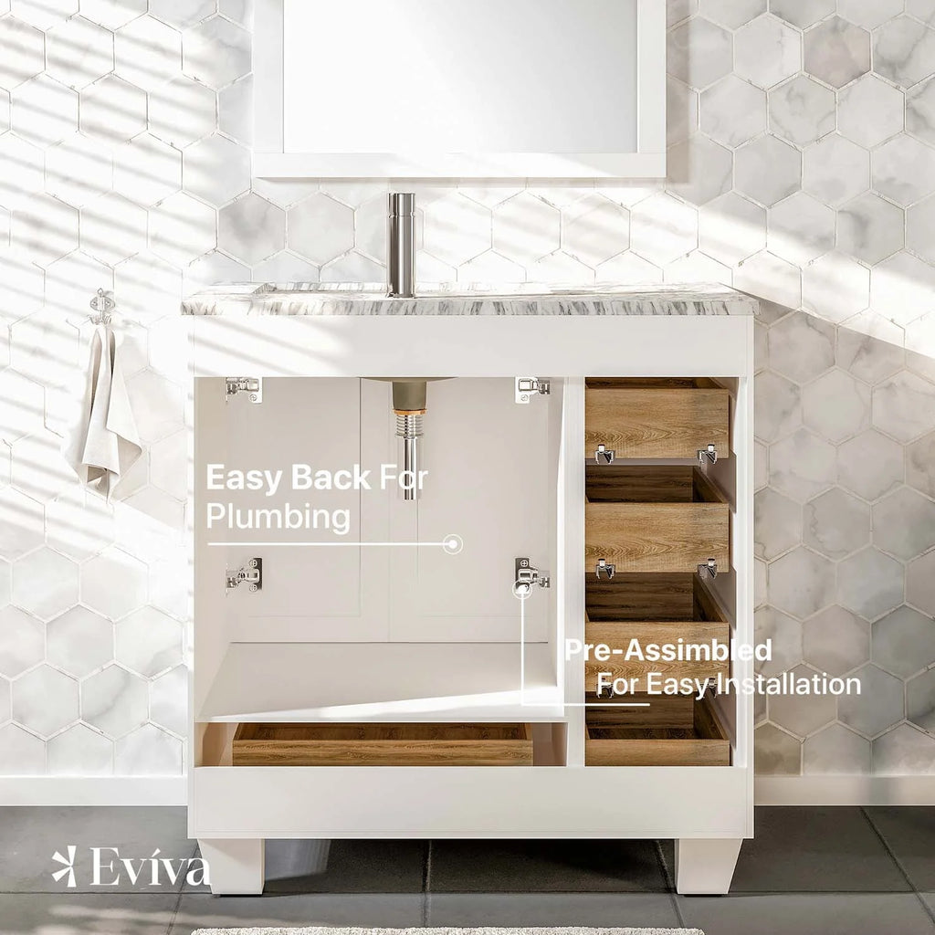 Eviva Happy 30" W x 18" D x 34" H White Bathroom Vanity with White Carrara Marble Counter - Top