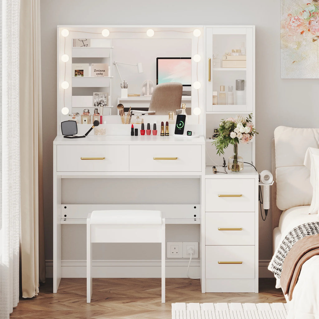 UGTOO 58.3" White Vanity Desk with Mirror, Adjustable Lighting, Power Outlet, Drawers, with Stool