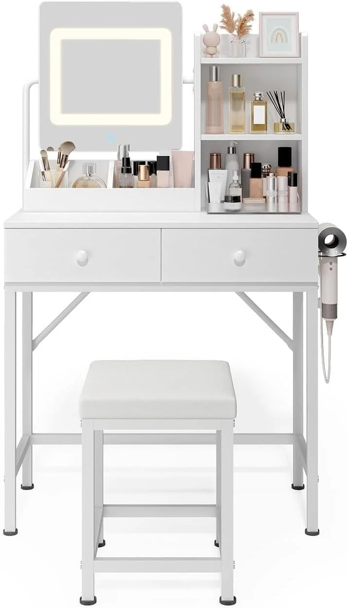 Makeup Vanity Desk with Mirror and Lights, 43.5 Vanity Table with 5 Drawers & Storage Shelves, White