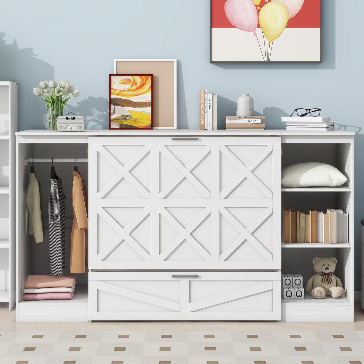 Euroco Wood Twin Size Murphy Bed with Wardrobe and Shelves for Kids Teens Living Room