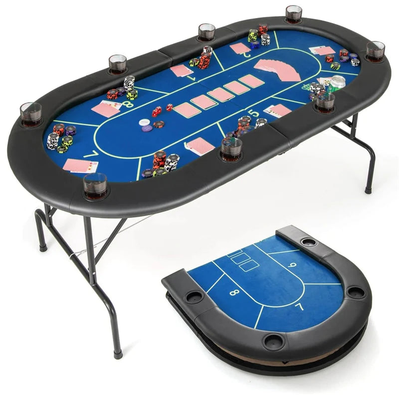 72" Foldable Poker Table for 8 Players with 8 Cup Holders & Casino-Grade Felt, Portable Oval Texas Holdem Card Table for Blackjack, No Assembly