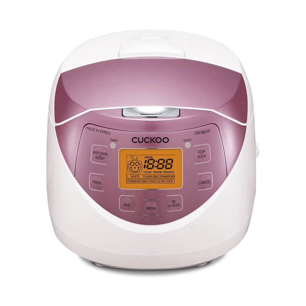 CUCKOO Rice Cooker 12 Cups Cooked Warmer with Nonstick Pot 7 Menu Options and Micom Fuzzy Logic Tech in White/Pink (CR - 0631F)