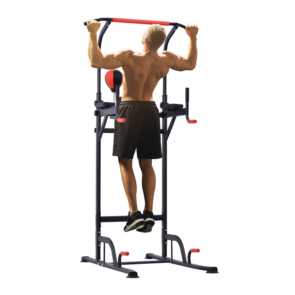HOMCOM Klimmzugstation Multifunktionales Muskeltraining Punching Ball Roman Chair mit höhenverstellbarem Stahl Schwarz Rot