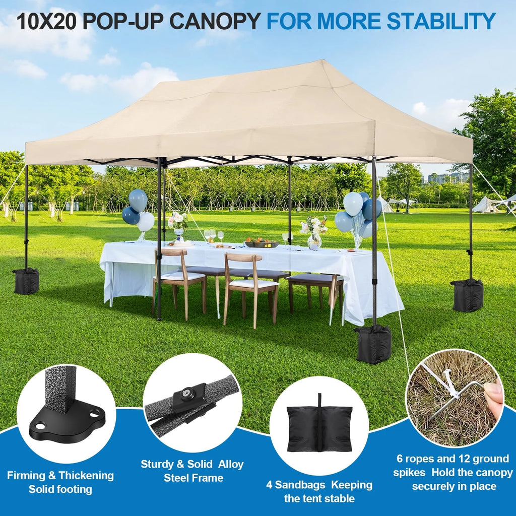10'X20' Pop up Canopy Waterproof Folding Tent Outdoor Easy Set - up Instant Tent Heavy Duty Commercial Wedding Party Shelter with 6 Removable Sidewalls, 4 Sandbags, Roller Bag, Khaki