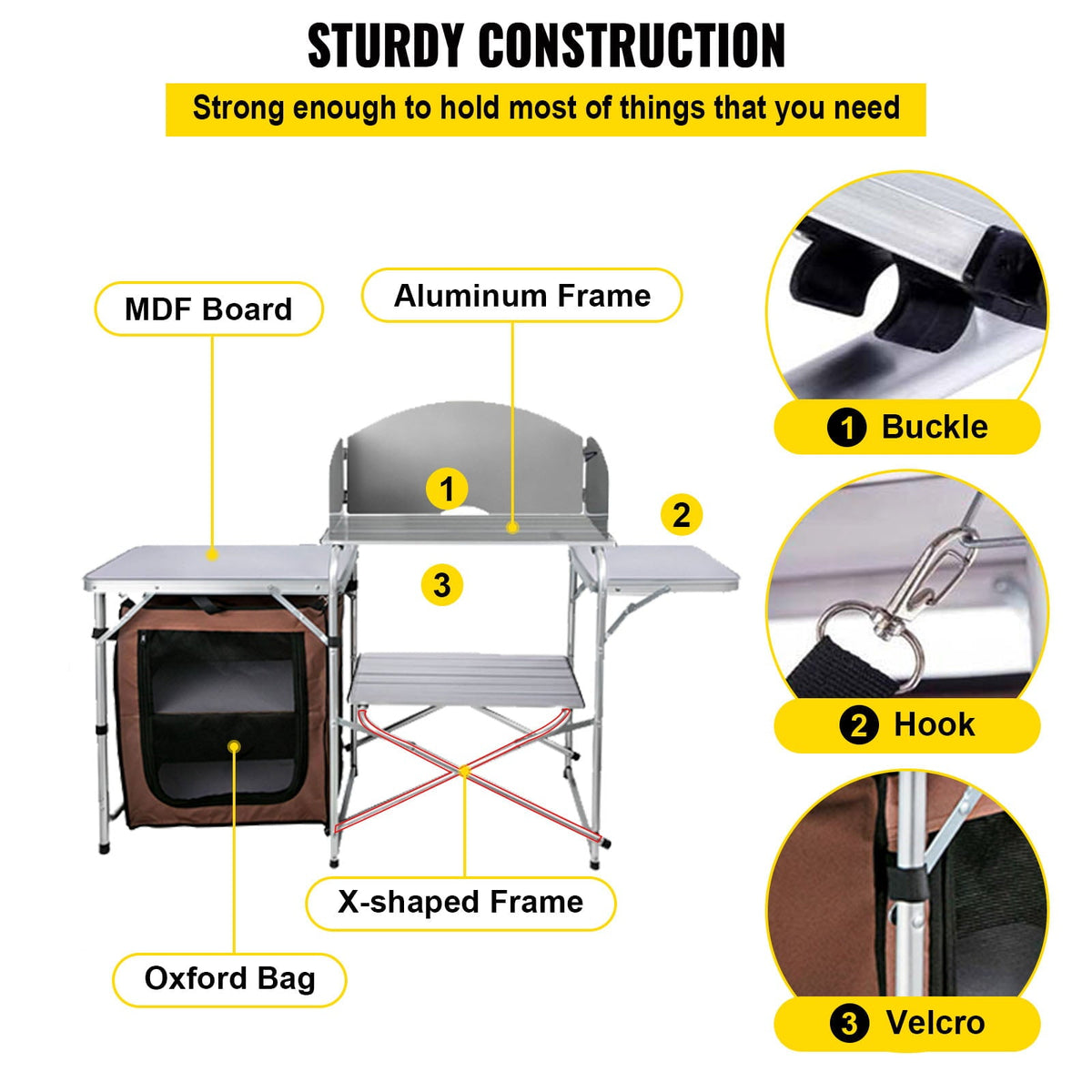 Camping Kitchen Station. Aluminum Portable Folding Camp Cook Table with Windshield. Storage Organizer and 4 Adjustable Feet. Quick Installation for Outdoor Picnic Beach Party Cooking. Brown