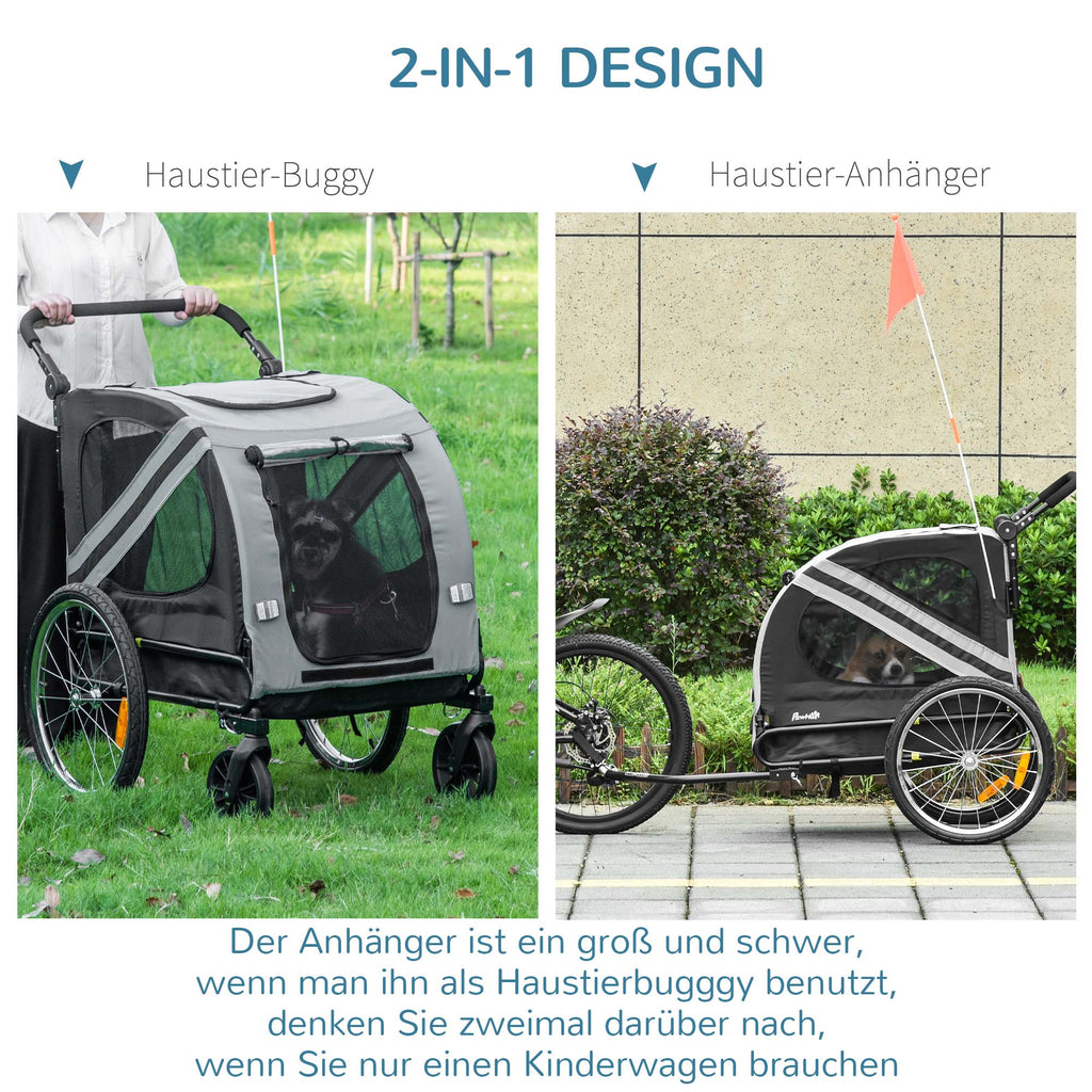 PawHut 2-in-1 Hundeanhänger Hundewagen Fahrradanhänger bis 20kg wasserfest Sicherheitsleine Reflektoren 140 cm x 72, 5 cm x 108 cm Grau