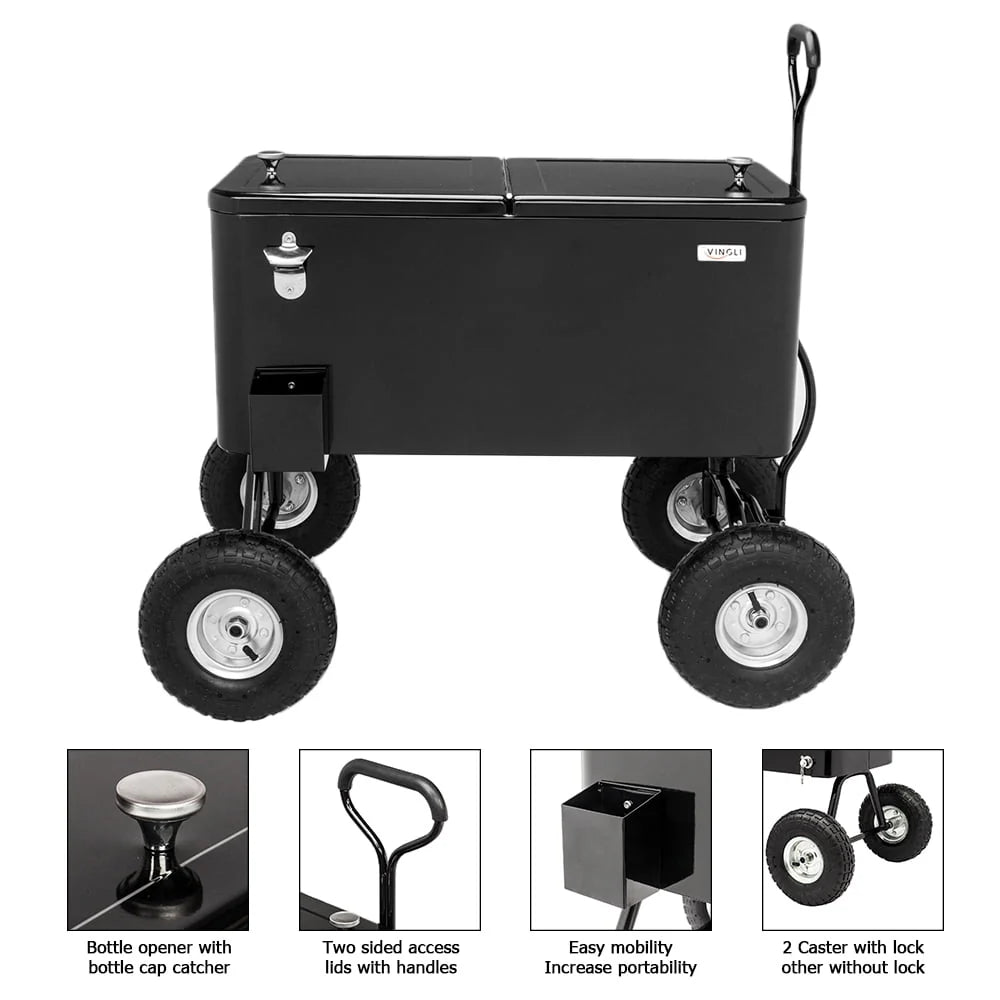 VINGLI 80 Quart Wagon Rolling Cooler Ice Chest, W/Long Handle and 10" Wheels, Portable Beach Patio Party Bar Cold Drink Beverage, Outdoor Park Cart on Wheels