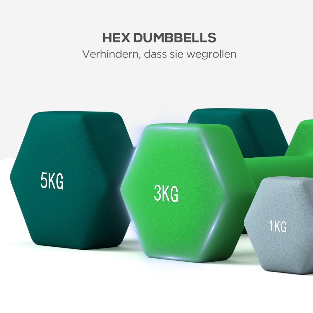 SPORTNOW Hantelset mit Aufbewahrungsgestell, Set mit 6 Hanteln für Fitness-Training, 2 x 1kg, 2 x 3kg, 2 x 5kg