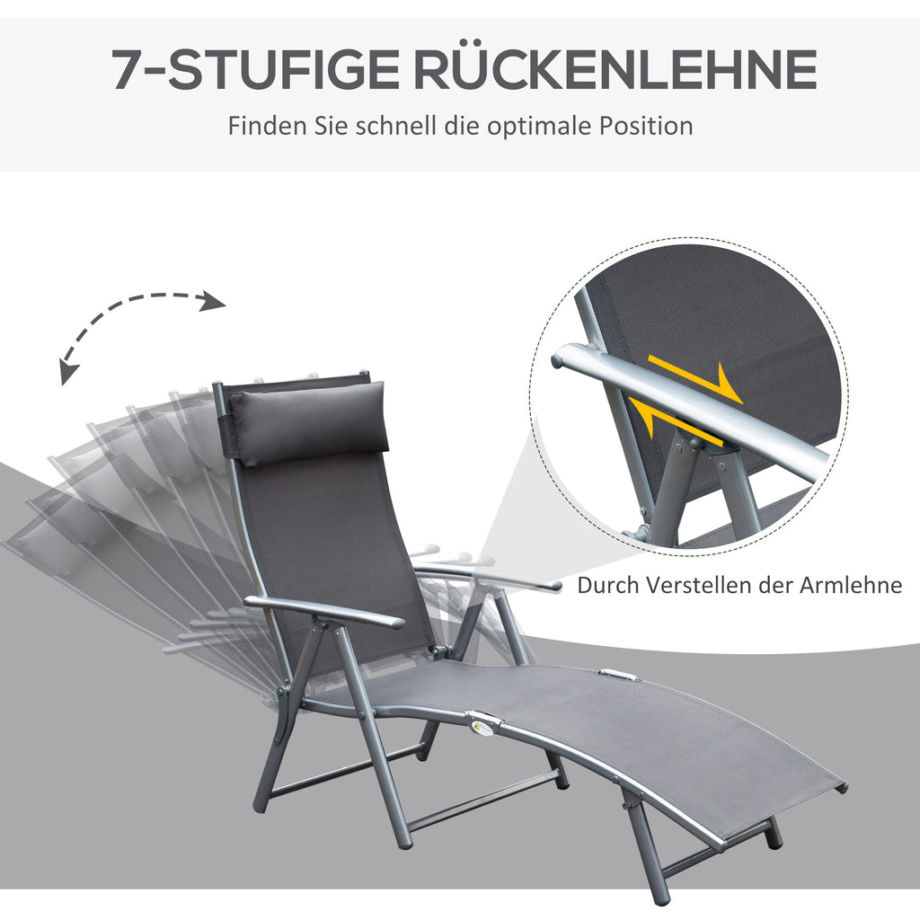 Outsunny Sonnenliege klappbar Strandliege mit Kissen Liegestuhl mit 7-Fach verstellbare Rückenlehne Gartenliege Relaxliege Gartenstuhl bis 165 kg belastbar, für Garten Urlaub Outdoor Strand Pool, Grau